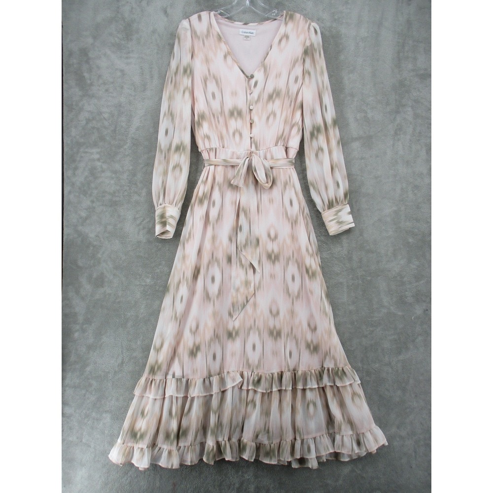 Calvin Klein Dress Womens Size 8 Ikat Maxi Belted Ruffle Chiffon Romantic Boho